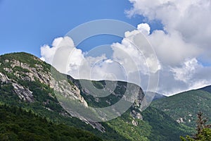 Eagle Cliff in Franconia State Park, Franconia, NH in the White Mountains, as seen from Echo Lake in the summer with blue skys and