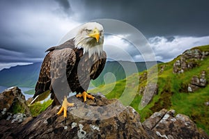 an eagle on a cliff side, storm clouds rolling in