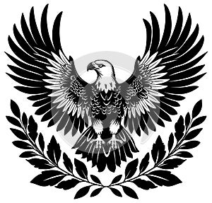 Eagle coat of arms. Bald eagles bird with open wings and claws black silhouette on white, imperial miltary tattoo