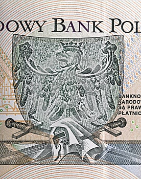 Eagle, the emblem of Poland depicted on zloty banknote macro