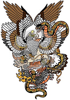 Eagle fighting with a snake and dragon. Tattoo