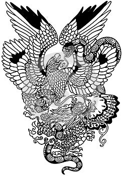 Eagle fighting with a snake and dragon. Tattoo