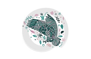 Eagle floral emblem. Cute bird print in scandi style. Vector funky print with eagle in simple minimal style.