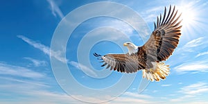 Eagle flying in the blue sky. Free space for text. Big bird with spread wings the bird is hovering in the air photo