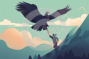 An eagle flying high above the clouds with a tiny human holding onto its leg desperately trying to keep Psychology photo