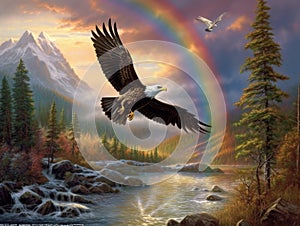 an eagle flying over a beautiful rainbow generative AI photo