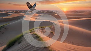 Majestic Eagle Soaring Over Golden Desert Dunes at Sunset