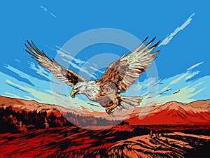 An Eagle Flying Over A Landscape - Large Ferruginous Hawk in flight with blue sky