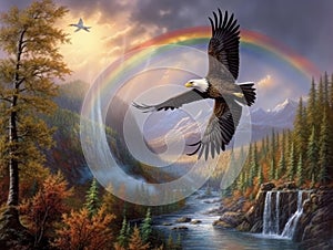 an eagle flying over a rainbow generative AI photo