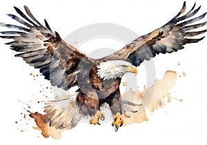 Eagle flying on white background, watercolor painting.