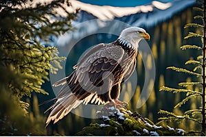 Eagle in Focus Mid-Flight with Sharp Talons Extended - Backdrop of Towering Mountains and Dense Coniferous Forest