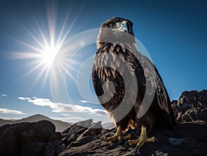 An eagle with golden feathers and blue eyes standing on a rock, with sunset background, generative ai