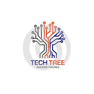 Eagle heads with circle logotech tree logo concept