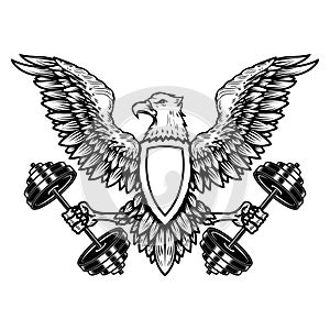 Eagle holding a barbell. Gym mascot. Design element for logo, label, sign, emblem.