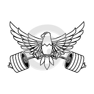 Eagle holding a barbell. Gym mascot. Design element for logo, label, sign, emblem.