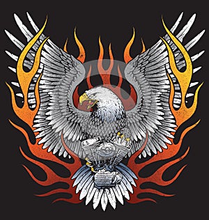 Eagle holding motorcycle engine with flames