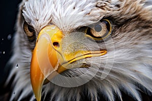 Eagle with keen gaze macro. Wild bird. Close-up of a bald eagle's intense gaze, showcasing its sharp, beady eyes and