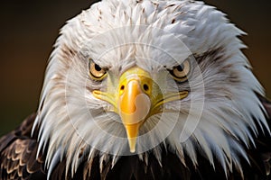Eagle with keen gaze. Wild bird. Close up of bald eagle intense gaze, sharp, beady eyes. For Postcard, poster, banner