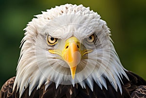 Eagle with keen gaze. Wild bird. On green background. Closeup of bald eagle intense gaze, showcasing its sharp, beady