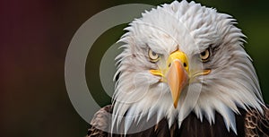 Eagle with keen gaze. Wild bird. On green background with copy space. Close up of bald eagle intense gaze, sharp, beady eyes,