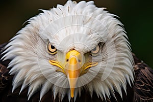 Eagle with keen gaze. Wild bird. On green background with copy space. Close up of bald eagle intense gaze, showcasing