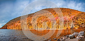 Eagle lake and foliage trees colors in Acadia National Park, Maine, panoramic view