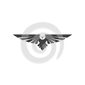 Eagle logo, silhouette predator hawk bird wide wingspan floating in the air, flying animal tattoo emblem mockup