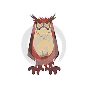 Eagle Owl Bird, Great Horned Owl Character with Brown Plumage Vector Illustration