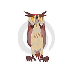 Eagle Owl Bird, Great Horned Eurasian Owl Character with Brown Plumage, Front View Vector Illustration