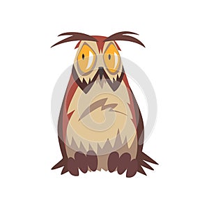 Eagle Owl Bird with Open Eyed, Great Horned Owl Character with Brown Plumage Vector Illustration