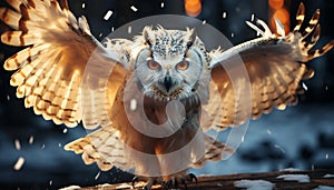 Eagle owl flying at night, spreading wings in snowy forest generated by AI