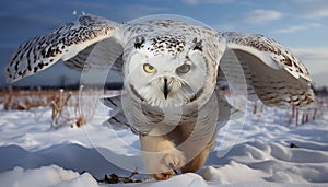 Eagle owl flying in snow, staring with intense animal eye generated by AI