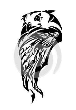 Eagle owl head and wing black vector outline design