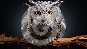 Eagle owl, majestic bird, perching on branch, staring at camera generated by AI