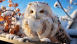 Eagle owl perching on branch, snowing in winter forest generated by AI