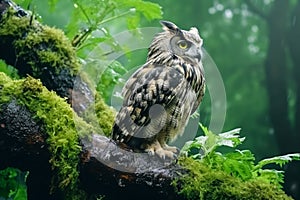 Eagle owl sits on an oak branch, foggy dark forest, green leaves, green background