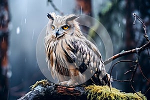 Eagle owl sits on an oak branch, foggy rainy dark forest, morning haze