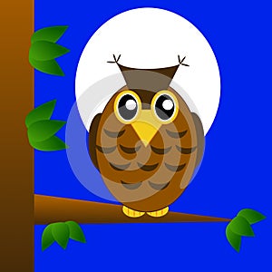 An eagle-owl sits on a tree at night on a blue background