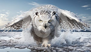 Eagle owl soaring, snow covered wings spread, fierce gaze piercing generated by AI