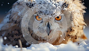 Eagle owl staring, snow covered forest, wisdom in nature generated by AI