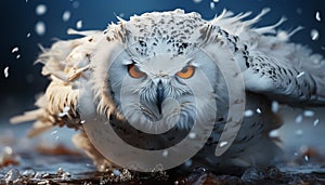 Eagle owl staring, snow covered tree, nature beauty in winter generated by AI