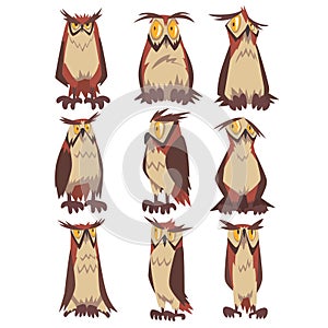 Eagle Owls Birds Set, Funny Great Horned Owls Characters with Brown Plumage Vector Illustration