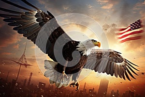 The eagle is a patriotic symbol of America, USA. Eagle flying on the background of mountains and canyon