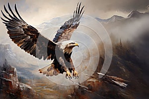 The eagle is a patriotic symbol of America, USA. Eagle flying on the background of mountains and canyon