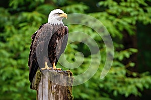 eagle perched on a national boundary post in a forest