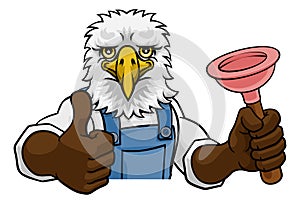 Eagle Plumber Cartoon Mascot Holding Plunger