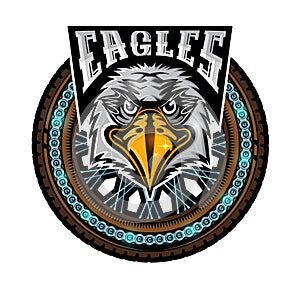 Eagle`s head in center of motorcycle wheel, Label on black background