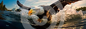 eagle& x27;s majestic descent from the sky, talons extended, aiming to snatch a fish from the water& x27;s surface with