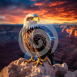 Eagle\'s Reverie: Majestic Bald Eagle Perched Amidst Grand Canyon Sunset