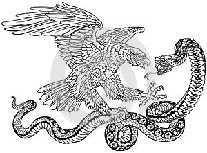 Eagle And Snake Fighting. Black and white vector illustration